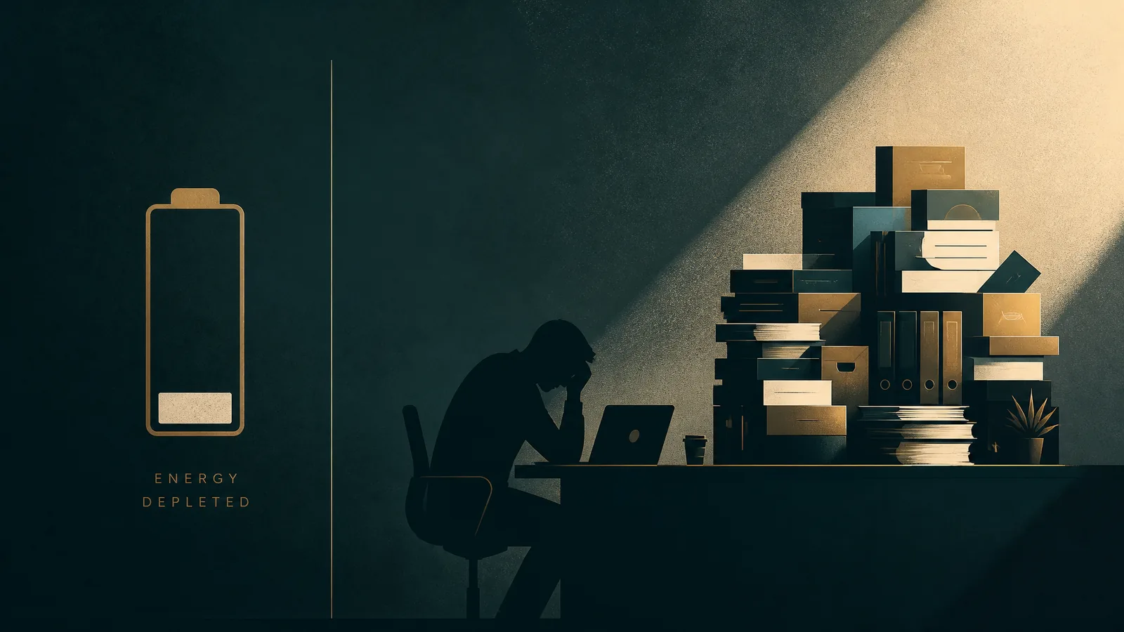 A dimming light beside an overloaded desk, illustrating burnout and depleted energy