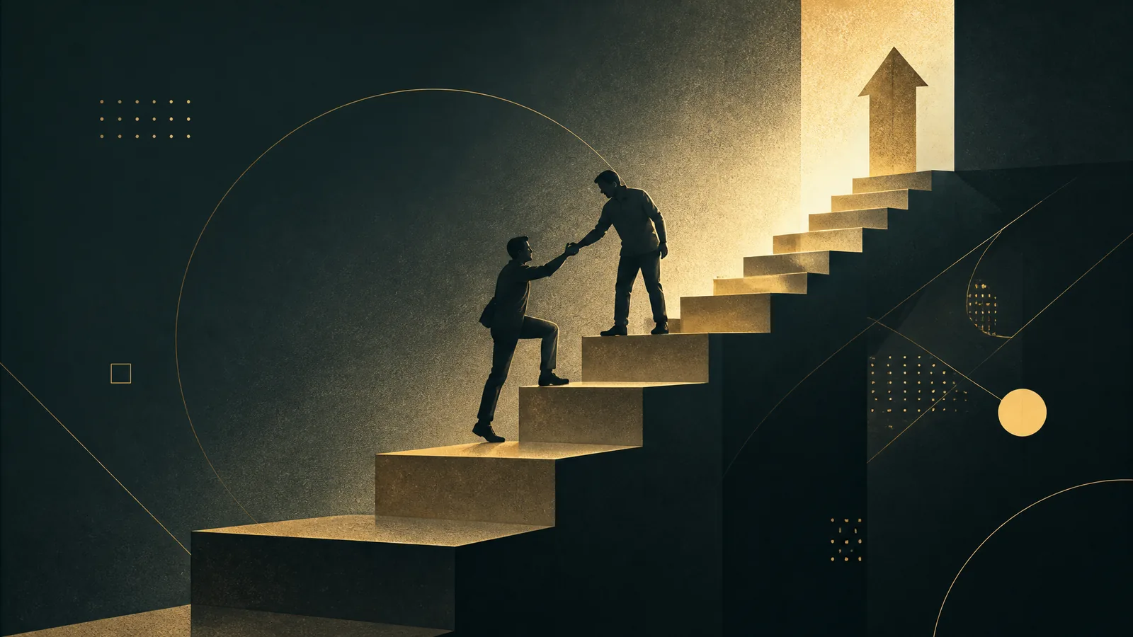 An ascending stepped path with one figure guiding another upward, illustrating coaching