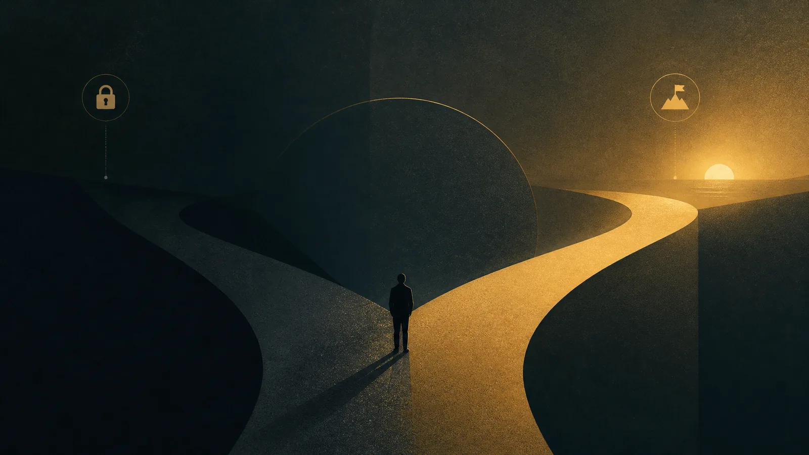 A figure at a fork of diverging paths with one route lit, illustrating decision making