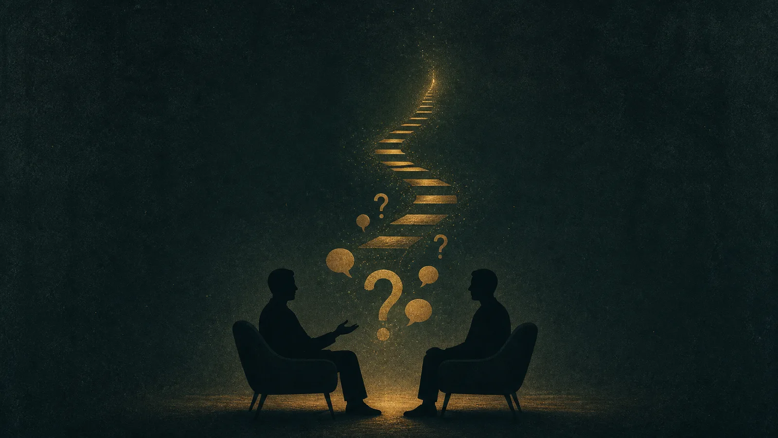 Dark minimalist illustration of two figures in conversation beside rising steps and small question marks, lit by warm gold, on a deep teal background.