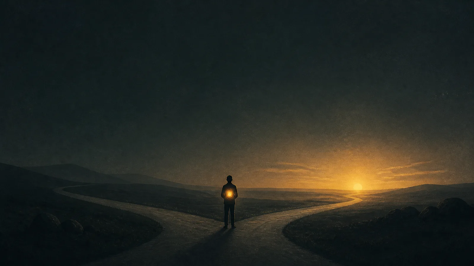 Dark minimalist illustration of a figure holding a glowing gold lantern at a fork in a path, with a distant sunrise, on a deep teal background.