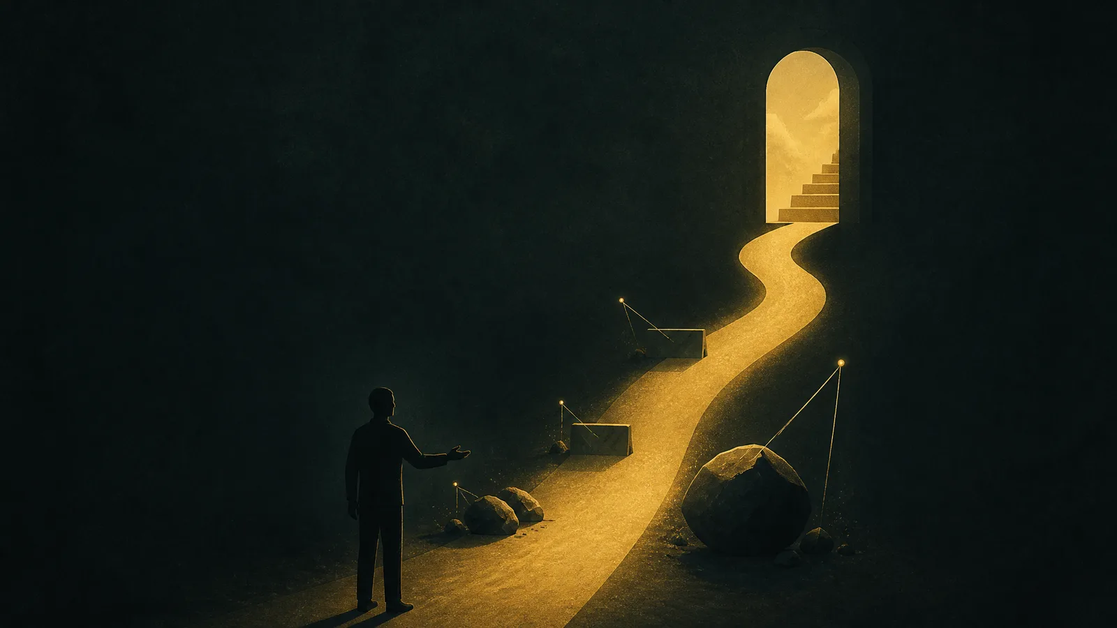 Dark minimalist illustration of a figure gesturing toward a lit gold path where obstacles have been cleared, leading to a doorway, on a deep teal background.