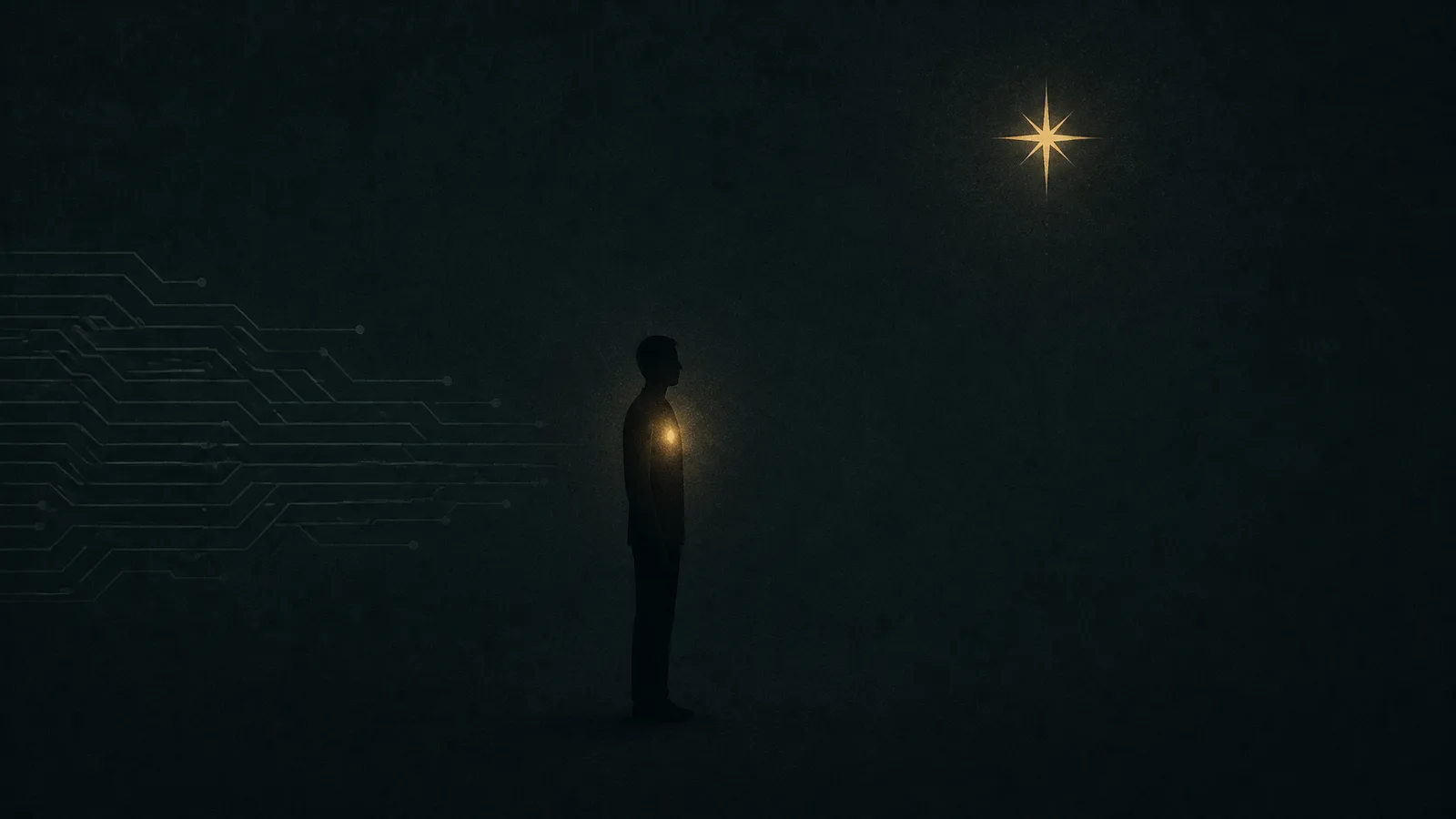 Dark minimalist illustration of a human silhouette with a glowing gold point at the chest beside a faint circuit pattern, on a deep teal background.