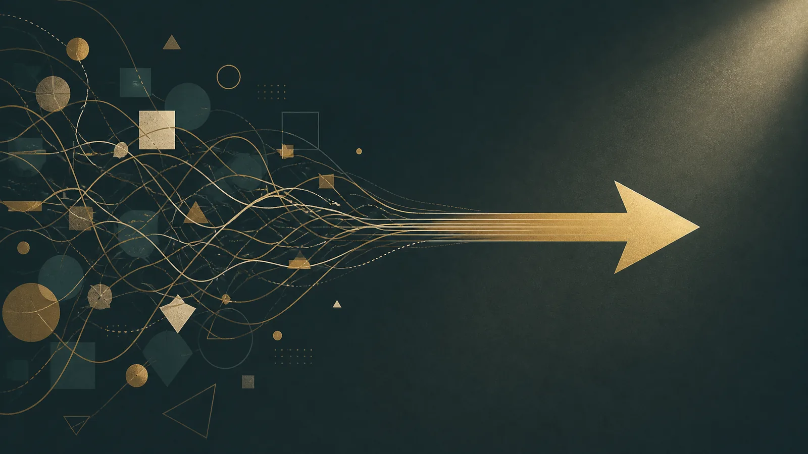 A tangle of lines resolving into one clean directional arrow, illustrating focus over busywork