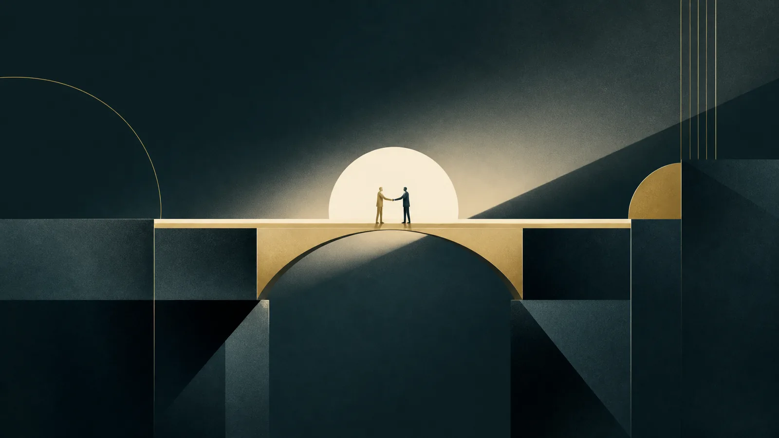 Two geometric forms meeting across a gap, illustrating trust between people