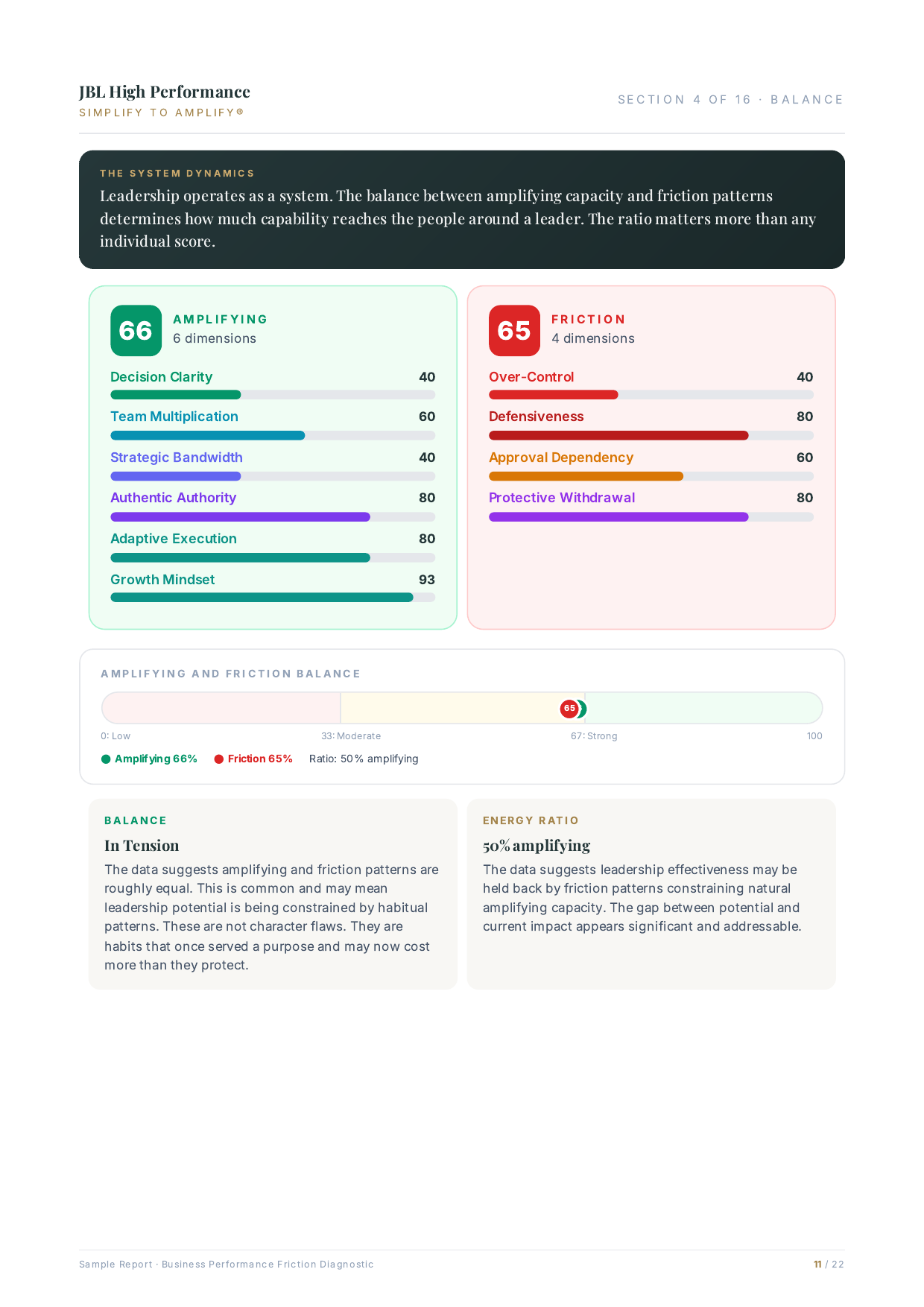 Sample report page: Amplifying and friction balance