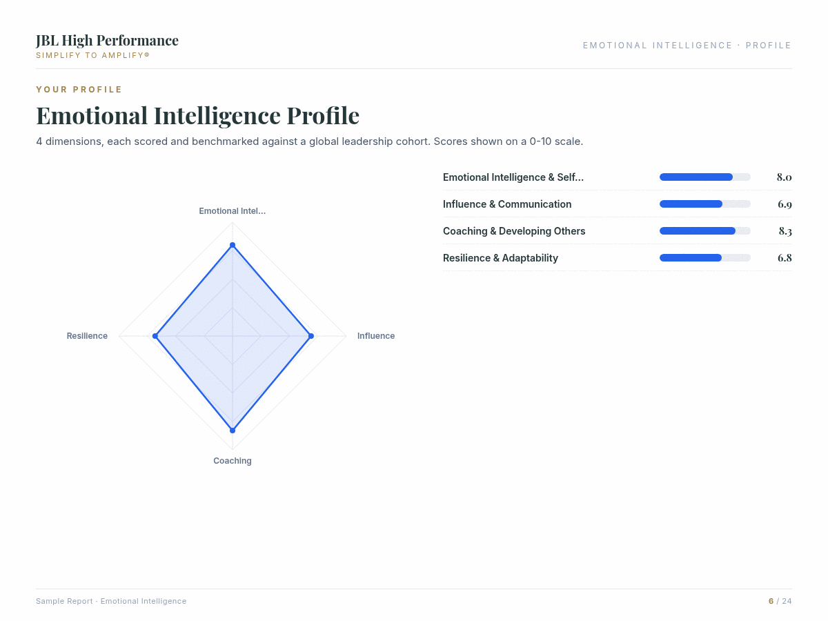 Emotional Intelligence assessment report preview showing data visualisation and coaching insights