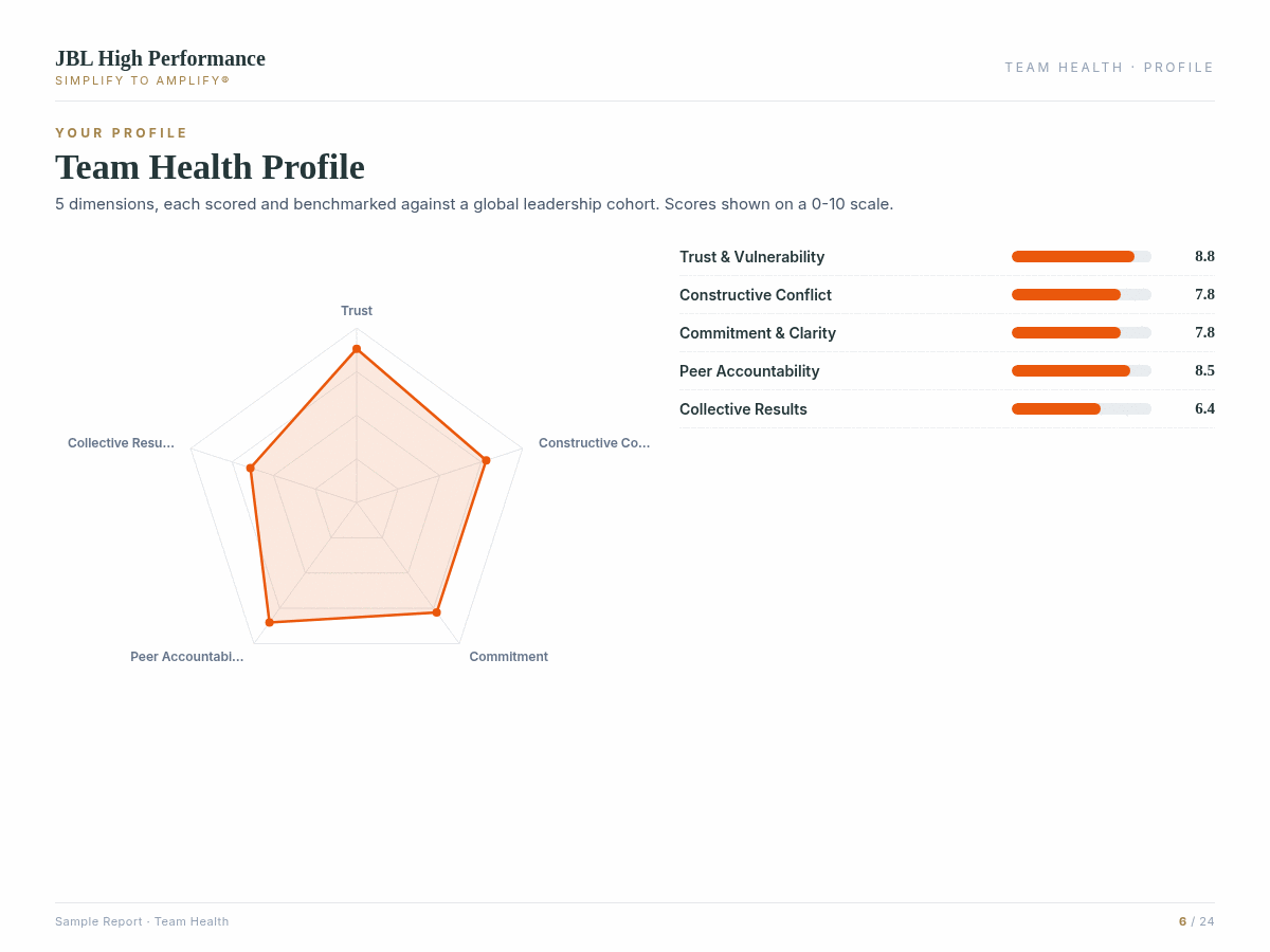 Team Health assessment report preview showing data visualisation and coaching insights