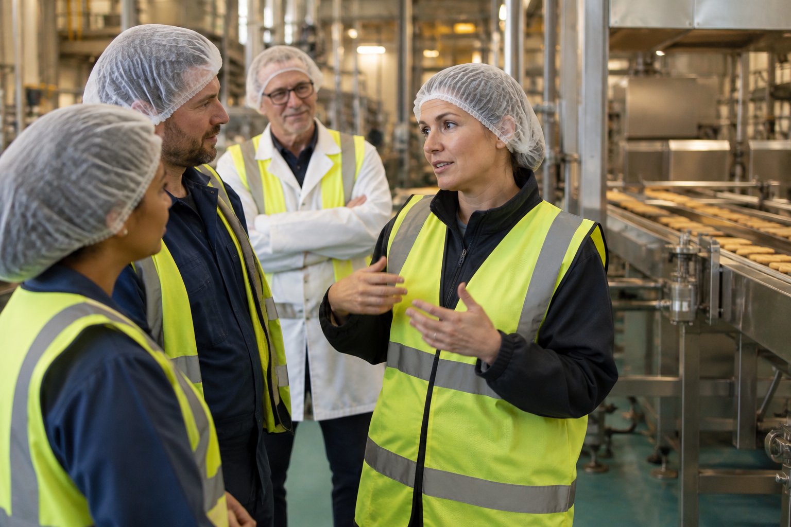 A team lead on a food production floor making a call while her manager stands back