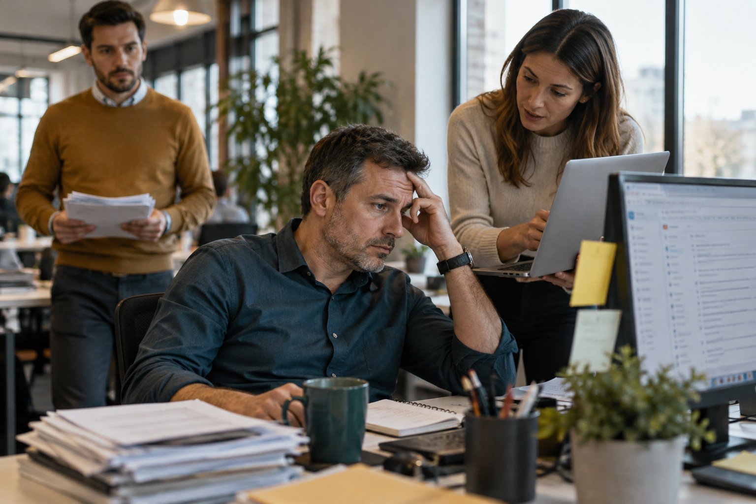 A manager at her desk surrounded by sign-off requests from her team, the escalation friction Simplify to Amplify removes