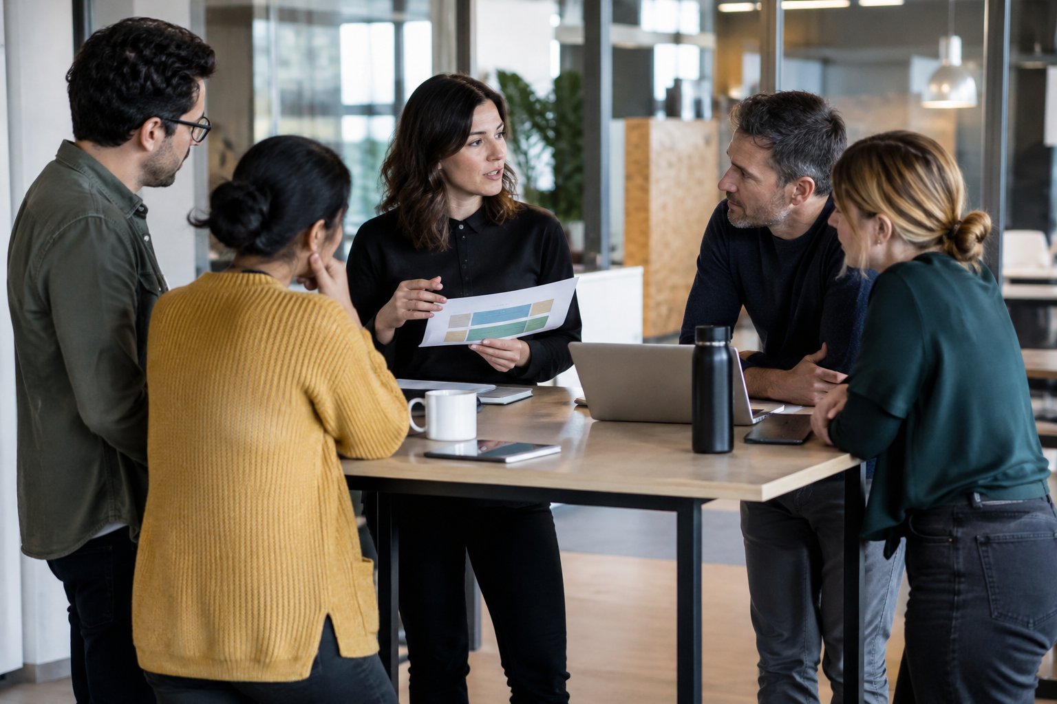 A manager leading a team stand-up while holding a one-page Amplify tool card